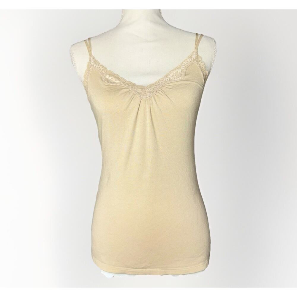 VTG Express Y2K Strap Cami Tank Top SM Lace Trim Bella Boho Cream Gold‎ Sparkle